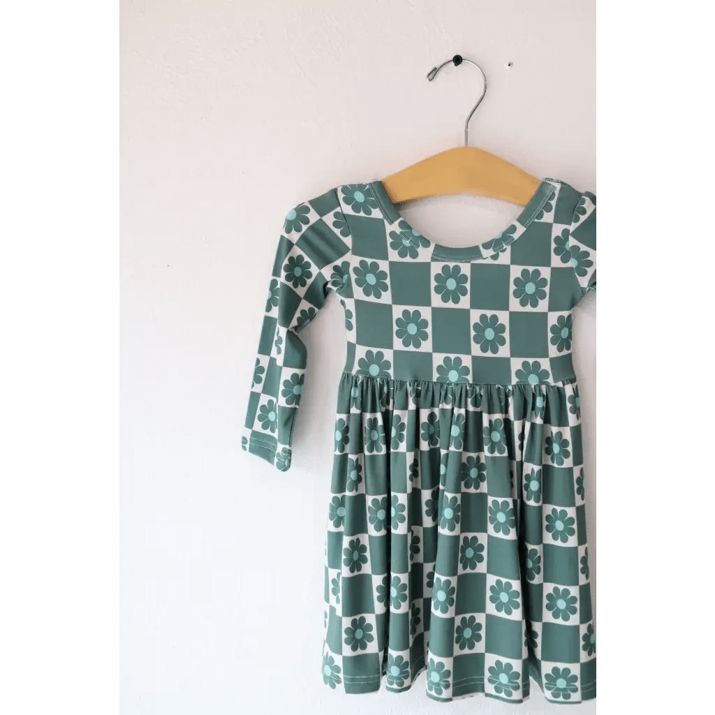 Lily Flower Check Long Sleeved Twirl Dress for Girls by Polished Prints