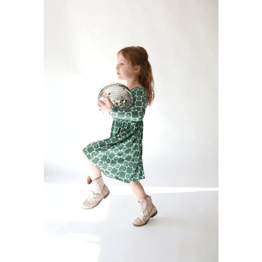 Lily Flower Check Long Sleeved Twirl Dress for Girls by Polished Prints