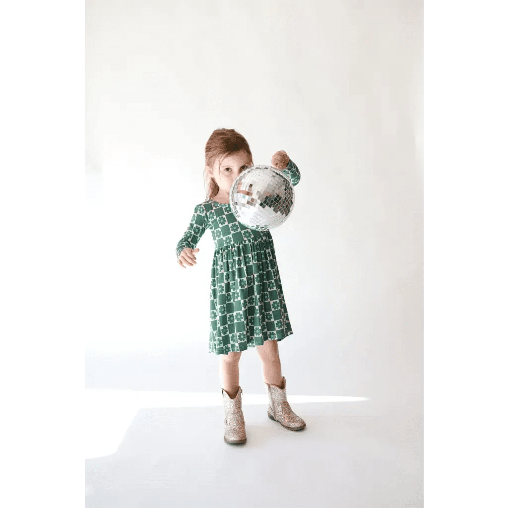 Lily Flower Check Long Sleeved Twirl Dress for Girls by Polished Prints
