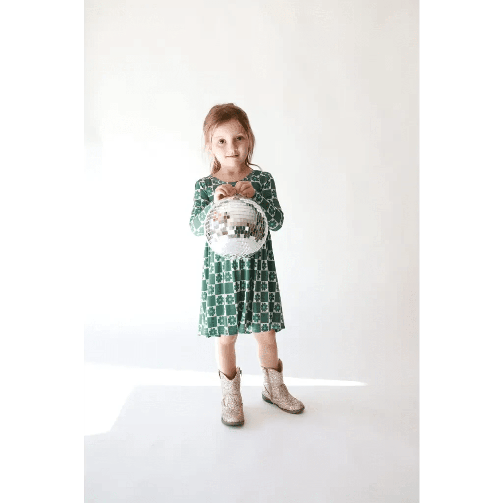 Lily Flower Check Long Sleeved Twirl Dress for Girls by Polished Prints