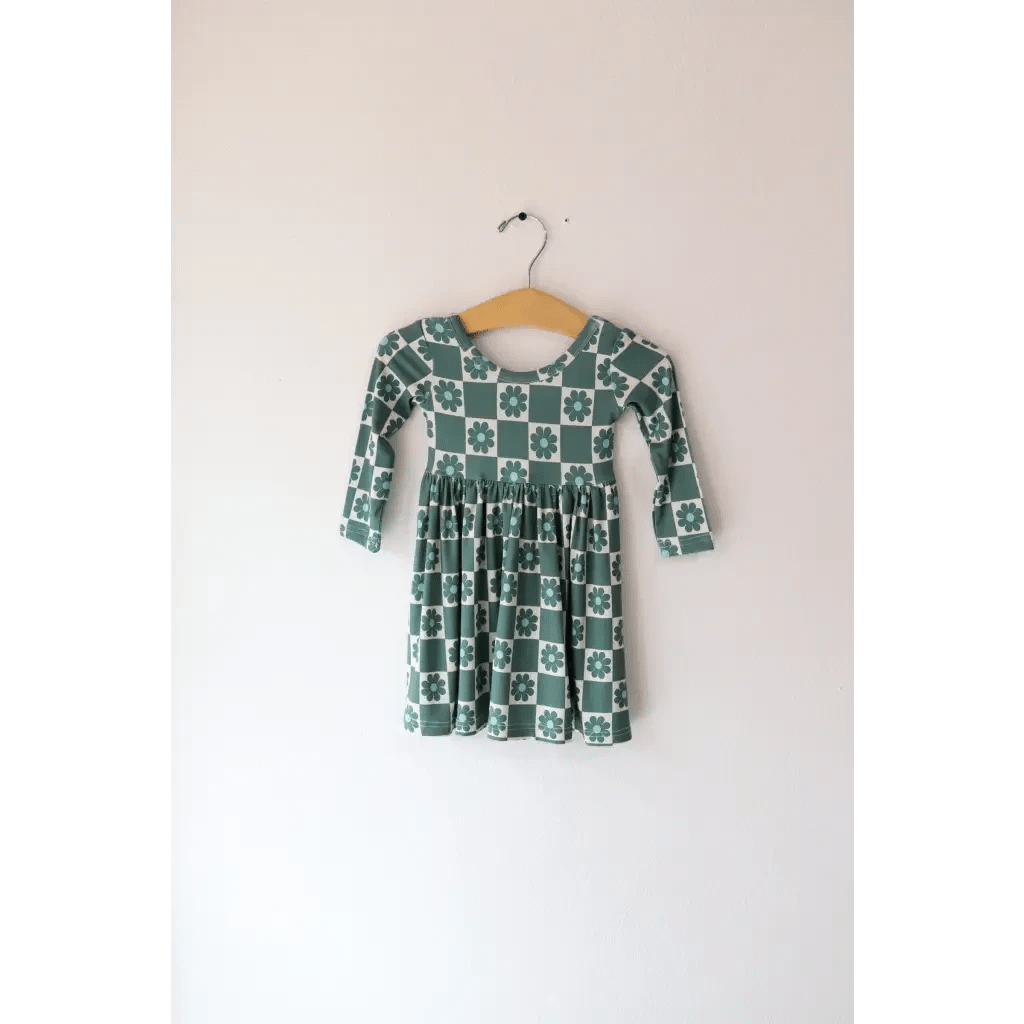 Lily Flower Check Long Sleeved Twirl Dress for Girls by Polished Prints