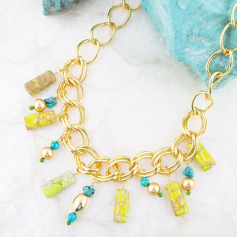 Lime Green Jasper Charm Golden Necklace