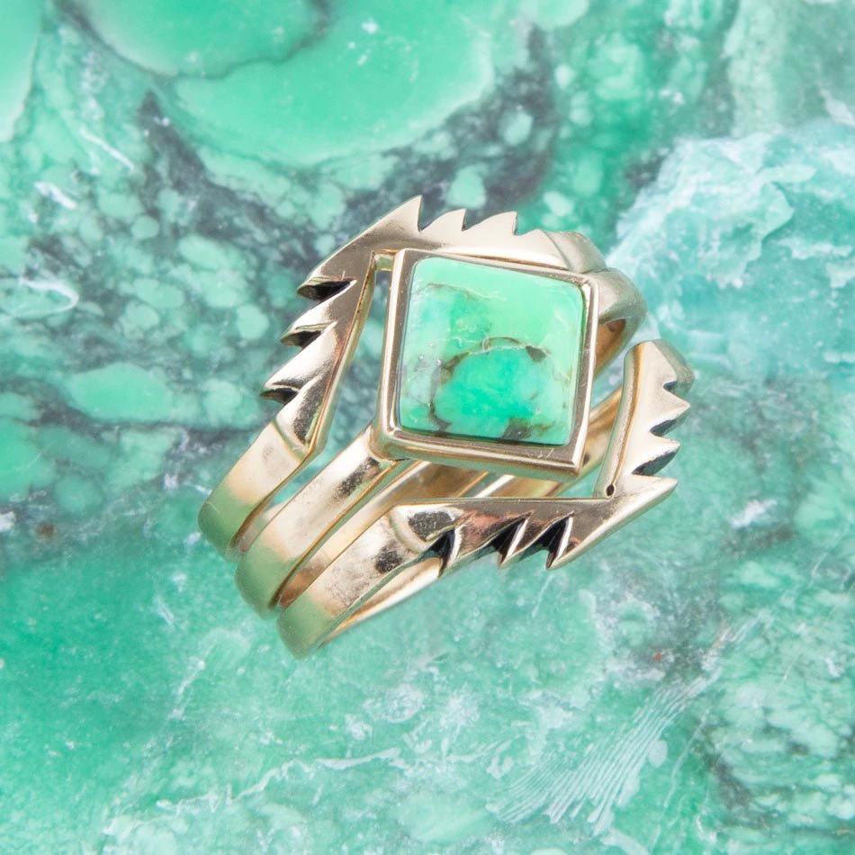 Aztec Lime Green Turquoise Golden Ring Set by Barse Jewelry