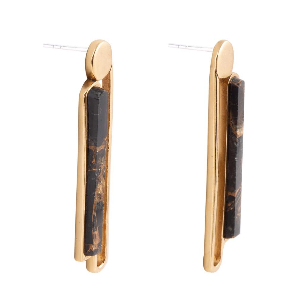 Linear Black and Gold Shungite Matrix and Golden Bronze Earrings by Barse Jewelry