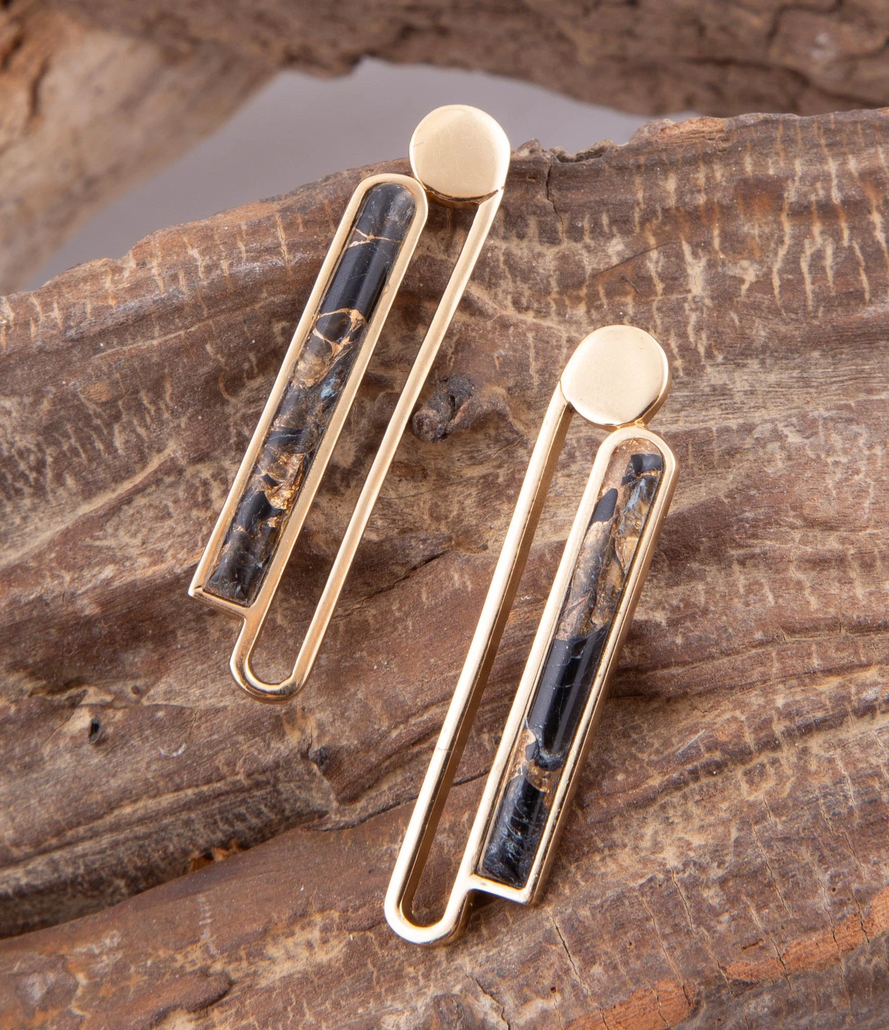 Linear Black and Gold Shungite Matrix and Golden Bronze Earrings by Barse Jewelry