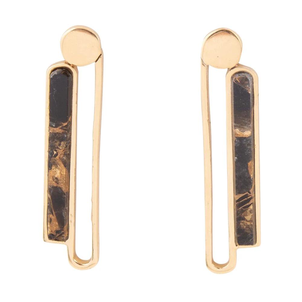 Linear Black and Gold Shungite Matrix and Golden Bronze Earrings by Barse Jewelry