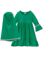 Little Muslimah Girls Dress & Hijab Set with Pom-Pom Trim (MKG028)