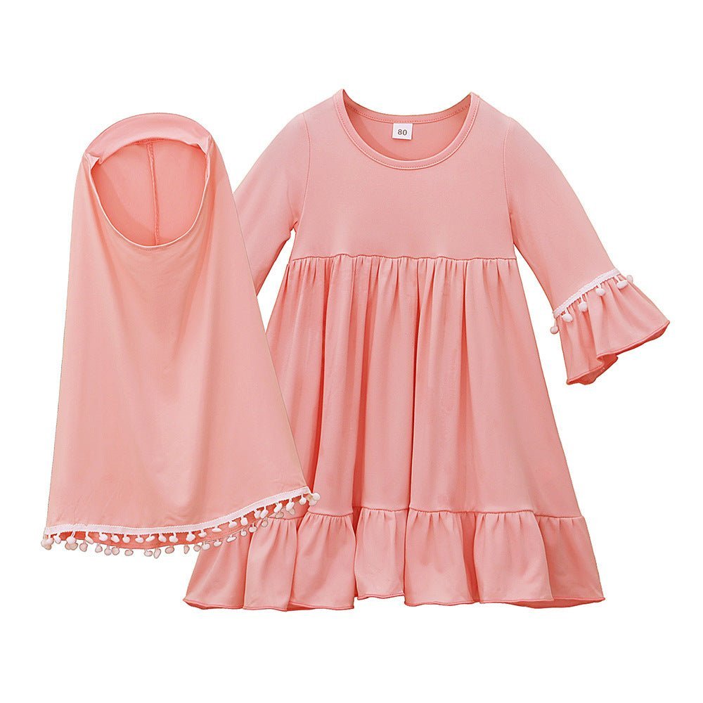 Little Muslimah Girls Dress & Hijab Set with Pom-Pom Trim (MKG028) La Vie Bien Little Muslimah Girls Dress & Hijab Set with Pom-Pom Trim (MKG028)