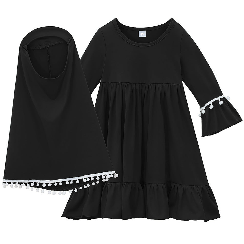 Little Muslimah Girls Dress & Hijab Set with Pom-Pom Trim (MKG028) La Vie Bien Little Muslimah Girls Dress & Hijab Set with Pom-Pom Trim (MKG028)