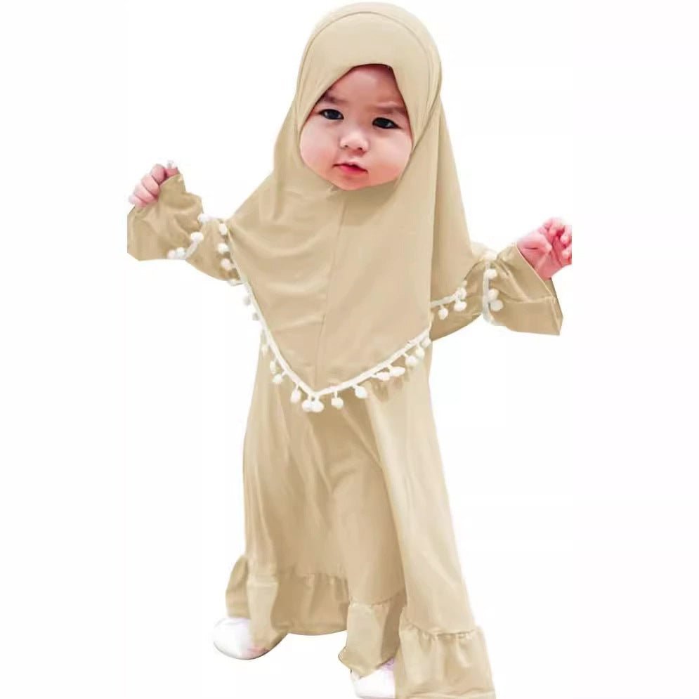Little Muslimah Girls Dress & Hijab Set with Pom-Pom Trim (MKG028) La Vie Bien Little Muslimah Girls Dress & Hijab Set with Pom-Pom Trim (MKG028)
