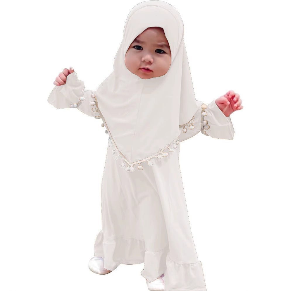 Little Muslimah Girls Dress & Hijab Set with Pom-Pom Trim (MKG028) La Vie Bien Little Muslimah Girls Dress & Hijab Set with Pom-Pom Trim (MKG028)