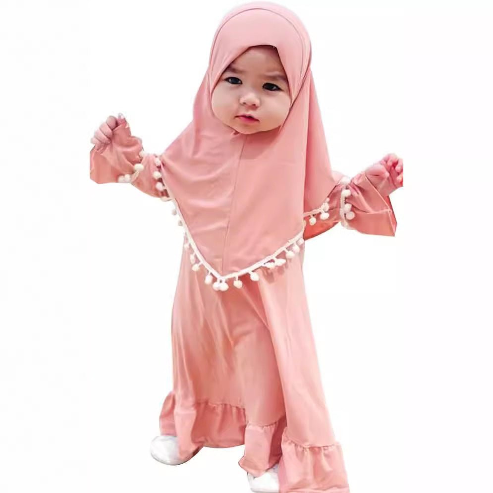 Little Muslimah Girls Dress & Hijab Set with Pom-Pom Trim (MKG028) La Vie Bien Little Muslimah Girls Dress & Hijab Set with Pom-Pom Trim (MKG028)