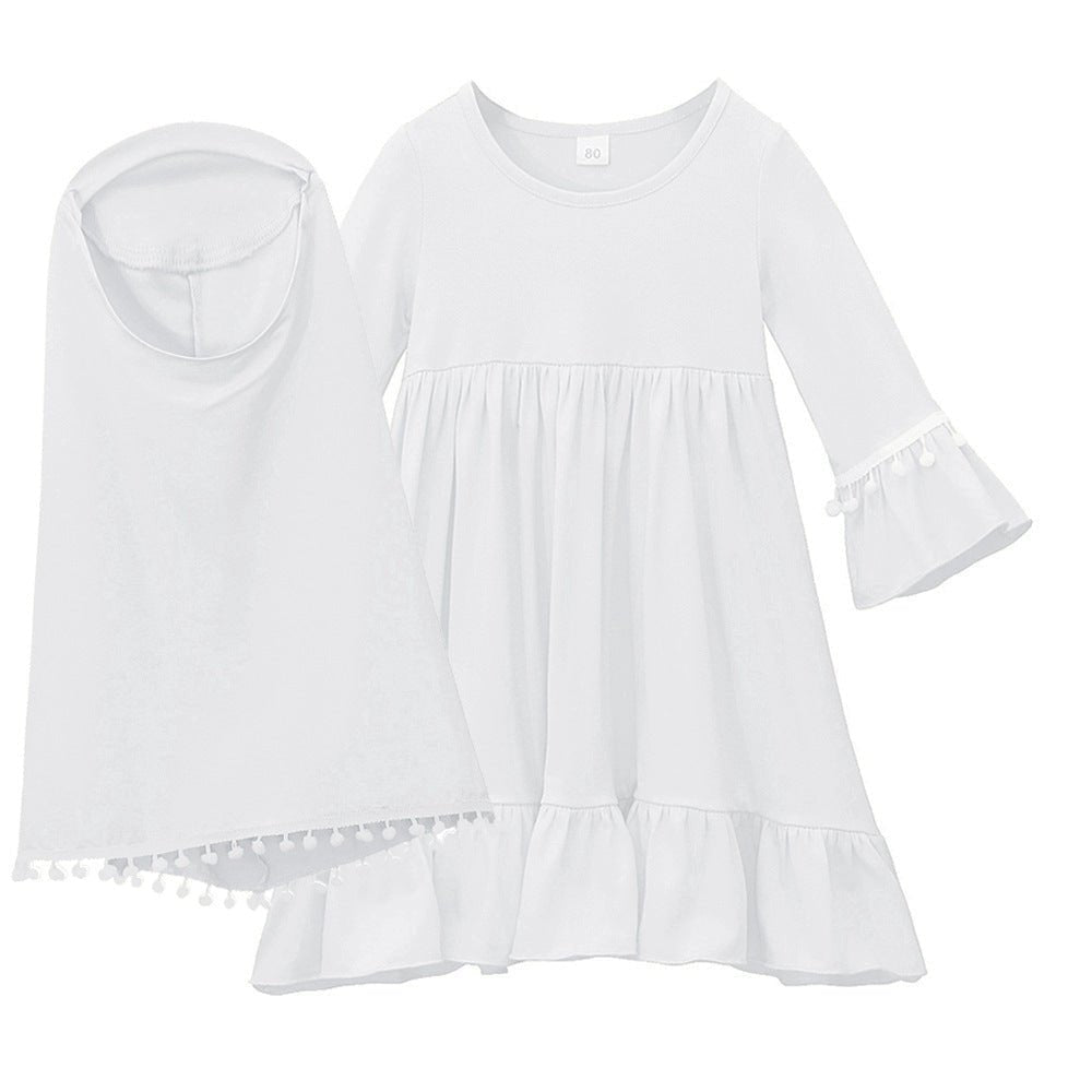 Little Muslimah Girls Dress & Hijab Set with Pom-Pom Trim (MKG028) La Vie Bien Little Muslimah Girls Dress & Hijab Set with Pom-Pom Trim (MKG028)