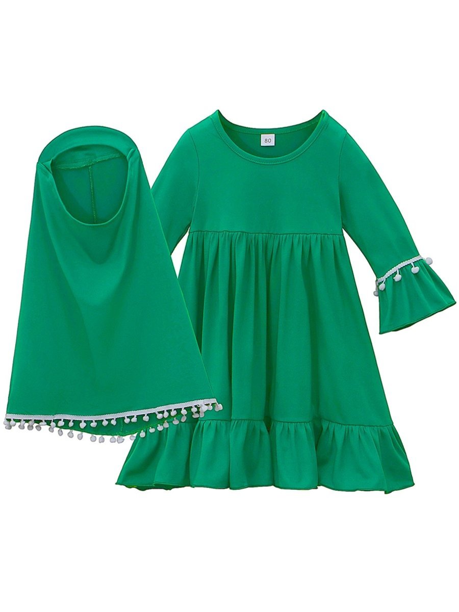 Little Muslimah Girls Dress & Hijab Set with Pom-Pom Trim (MKG028) La Vie Bien Little Muslimah Girls Dress & Hijab Set with Pom-Pom Trim (MKG028)