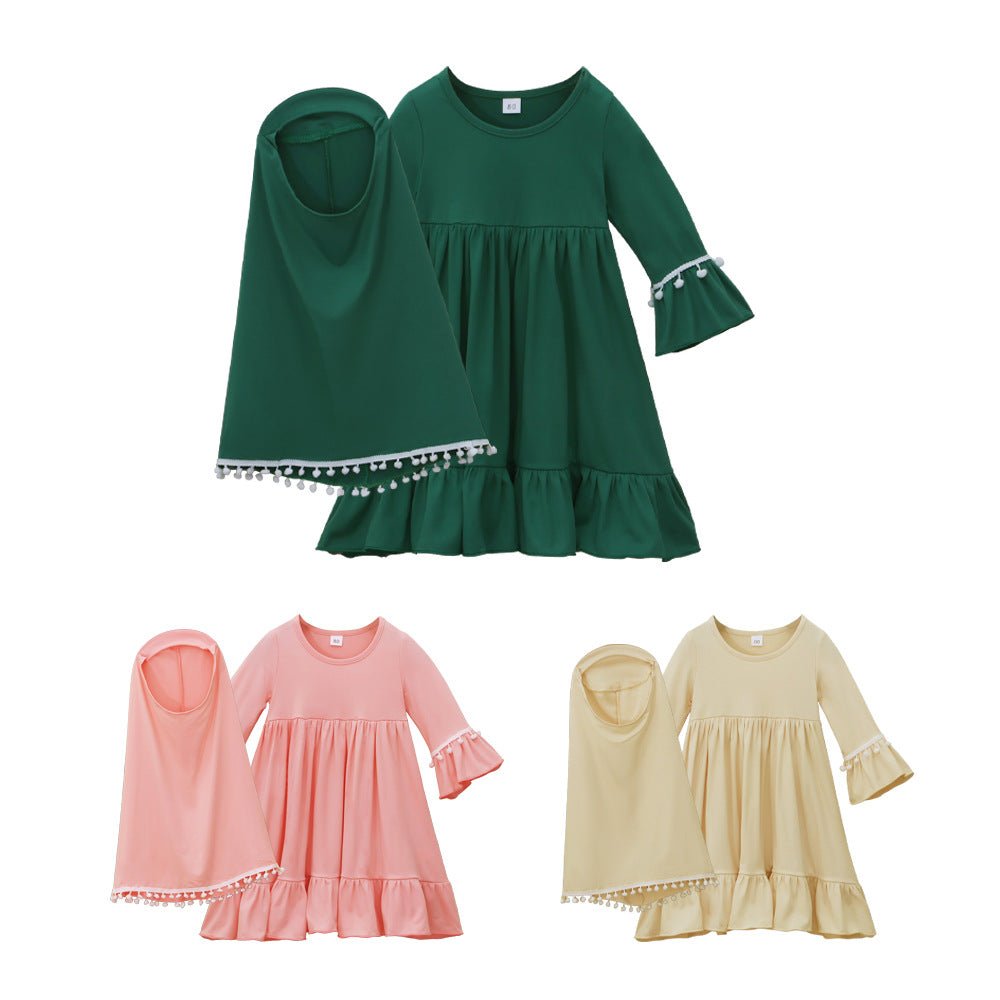 Little Muslimah Girls Dress & Hijab Set with Pom-Pom Trim (MKG028) La Vie Bien Little Muslimah Girls Dress & Hijab Set with Pom-Pom Trim (MKG028)