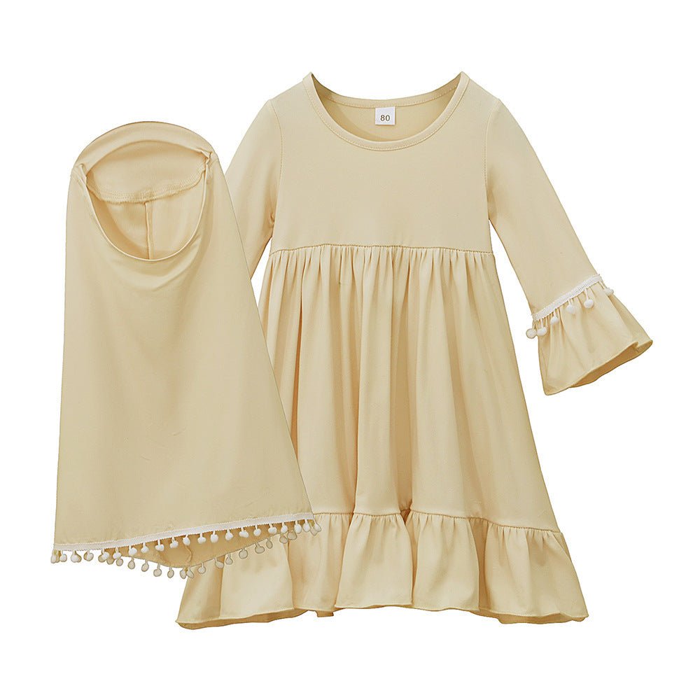 Little Muslimah Girls Dress & Hijab Set with Pom-Pom Trim (MKG028) La Vie Bien Little Muslimah Girls Dress & Hijab Set with Pom-Pom Trim (MKG028)