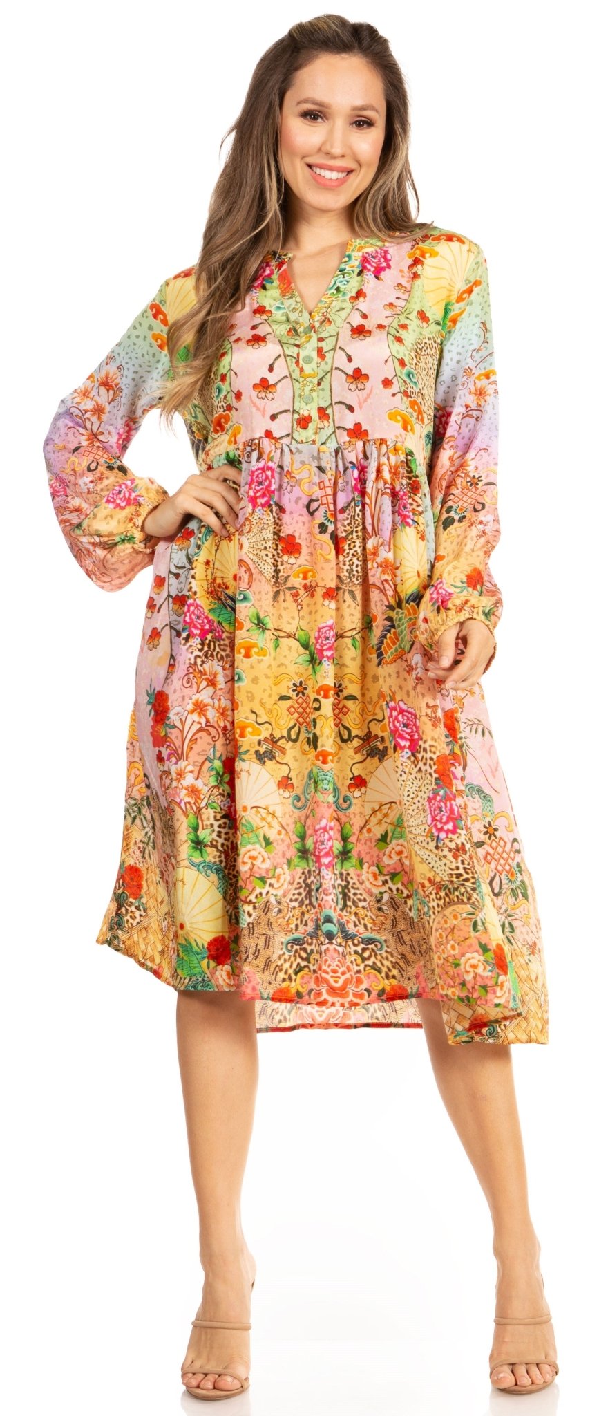 Look Chic in Sakkas Jules Women's Long Sleeve Floral Midi Dress dresses La Vie Bien Look Chic in Sakkas Jules Women's Long Sleeve Floral Midi Dress