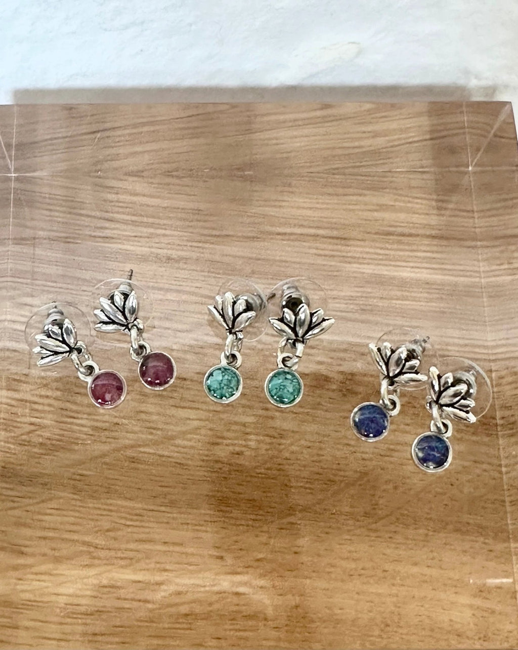Lotus Gemstone Stud Earrings, handmade with Ruby, Starry Night Opal, Turquoise Howlite﻿