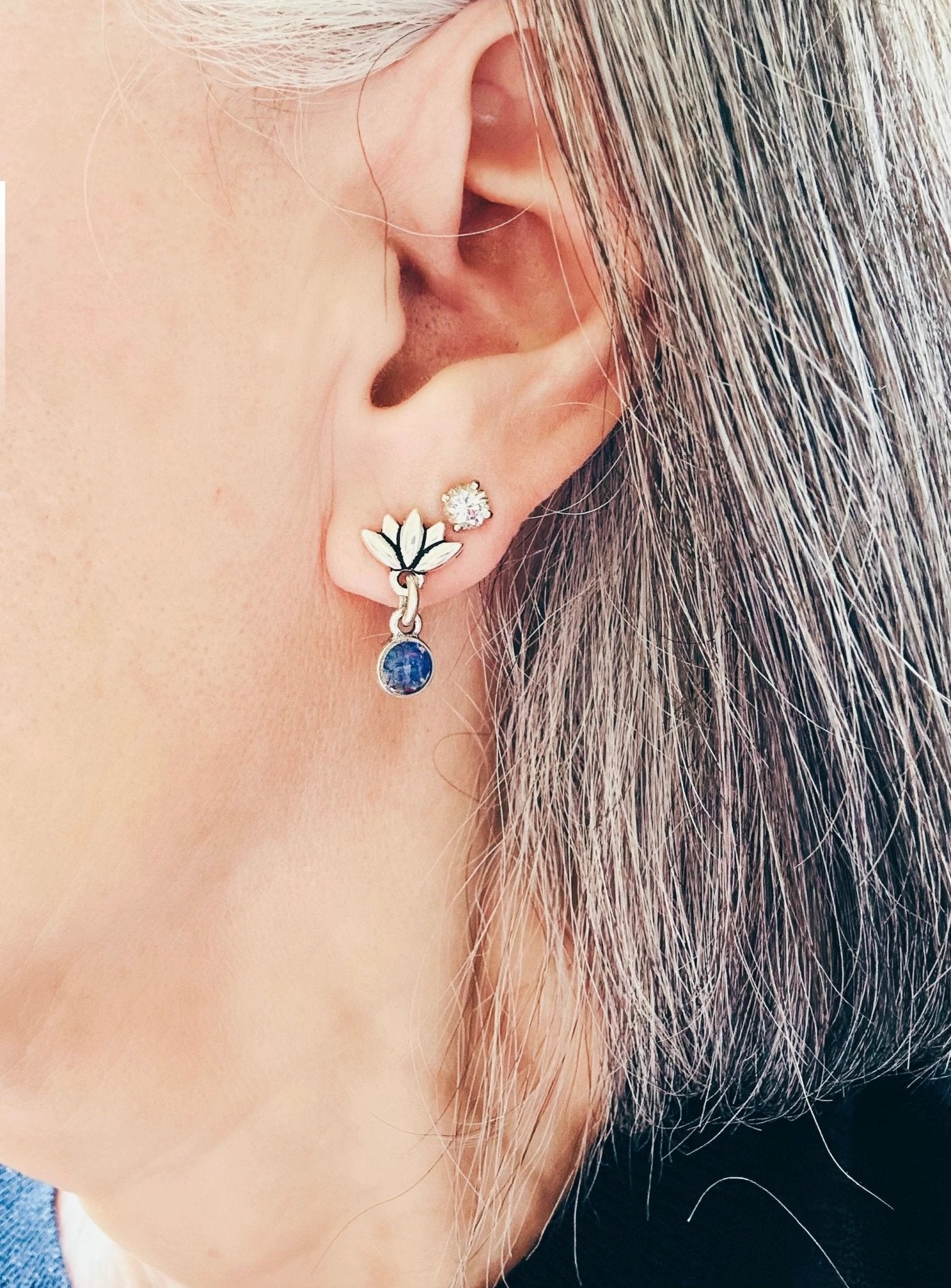 Lotus Gemstone Stud Earrings, handmade with Ruby, Starry Night Opal, Turquoise Howlite﻿