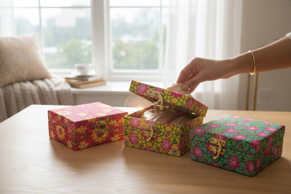 Lotus Print Gift Boxes - Set of 3 - Perfect To Pack Small Gifts Like Diya, Jewelry, Prasad La Vie Bien Lotus Print Gift Boxes - Set of 3 - Perfect To Pack Small Gifts Like Diya, Jewelry, Prasad