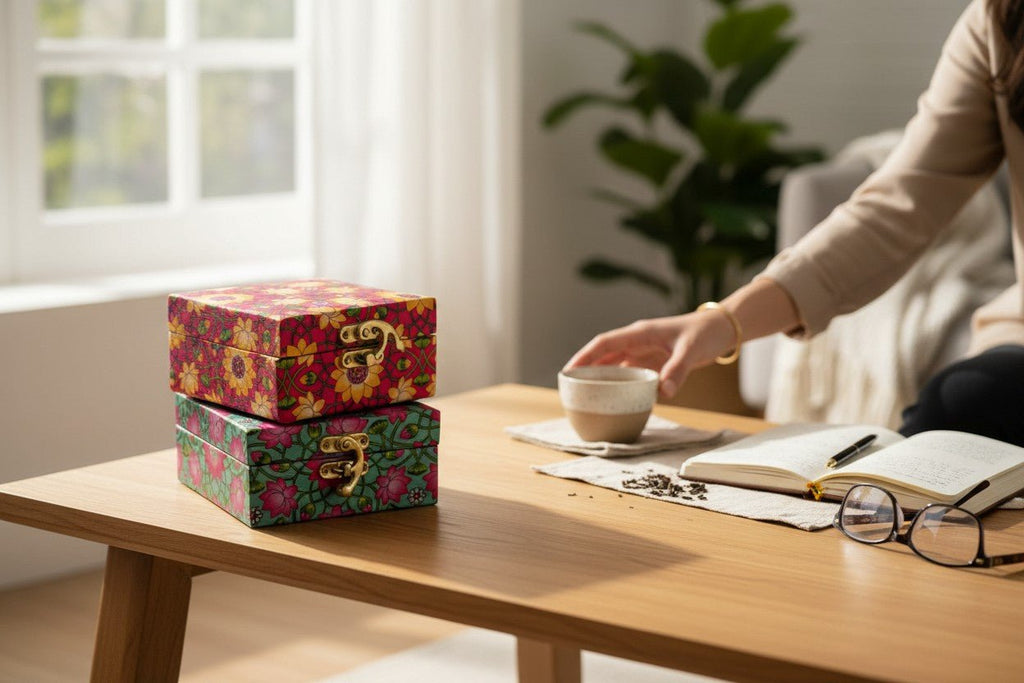 Lotus Print Gift Boxes - Set of 3 - Perfect To Pack Small Gifts Like Diya, Jewelry, Prasad La Vie Bien Lotus Print Gift Boxes - Set of 3 - Perfect To Pack Small Gifts Like Diya, Jewelry, Prasad