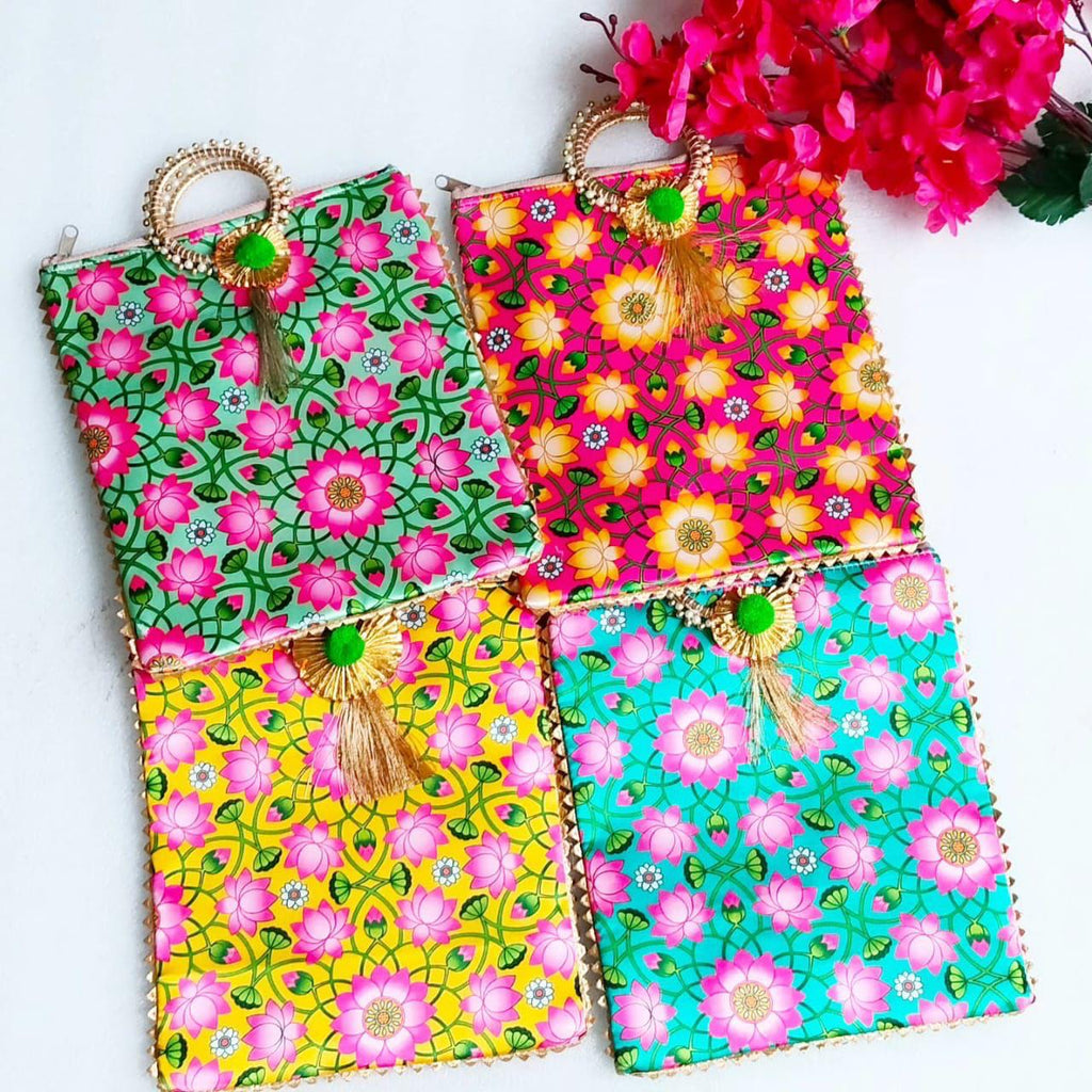 Lotus Print Silk Bags with Zipper & Round Handle, Set of 4 Traditional Gifts La Vie Bien Lotus Print Silk Bags with Zipper & Round Handle, Set of 4