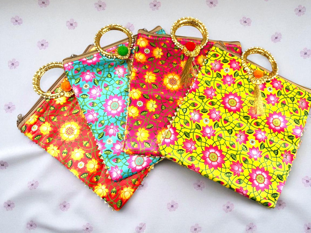 Lotus Print Silk Bags with Zipper & Round Handle, Set of 4 Traditional Gifts La Vie Bien Lotus Print Silk Bags with Zipper & Round Handle, Set of 4