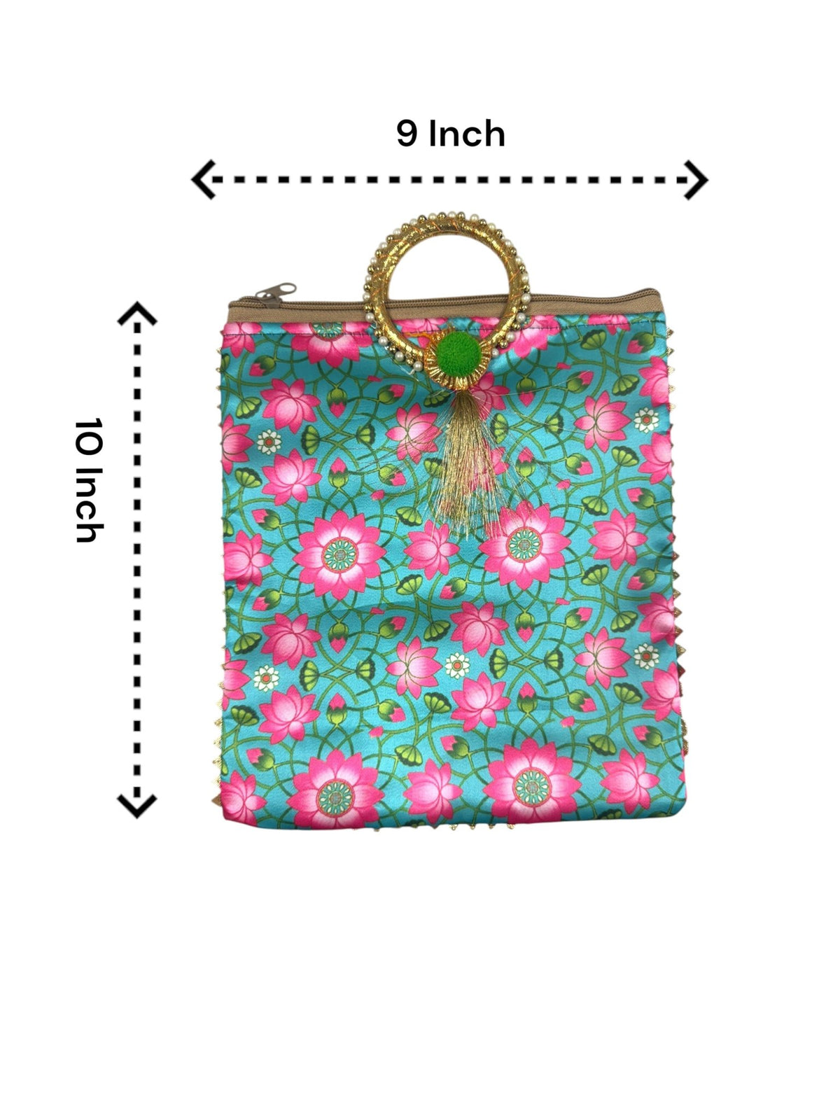 Lotus Print Silk Bags with Zipper & Round Handle, Set of 4 Traditional Gifts La Vie Bien Lotus Print Silk Bags with Zipper & Round Handle, Set of 4