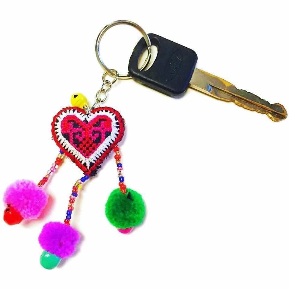 Love Heart Pompom Bells Multicolor Key Chain - Thailand Keychains La Vie Bien Love Heart Pompom Bells Multicolor Key Chain - Thailand