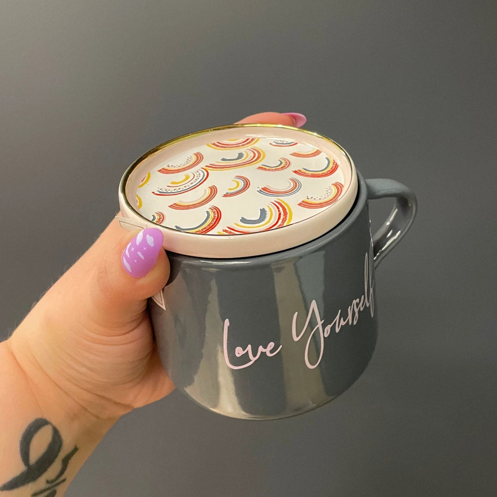 Love Yourself Mug & Coaster Lid with Rainbow Design by The Bullish Store