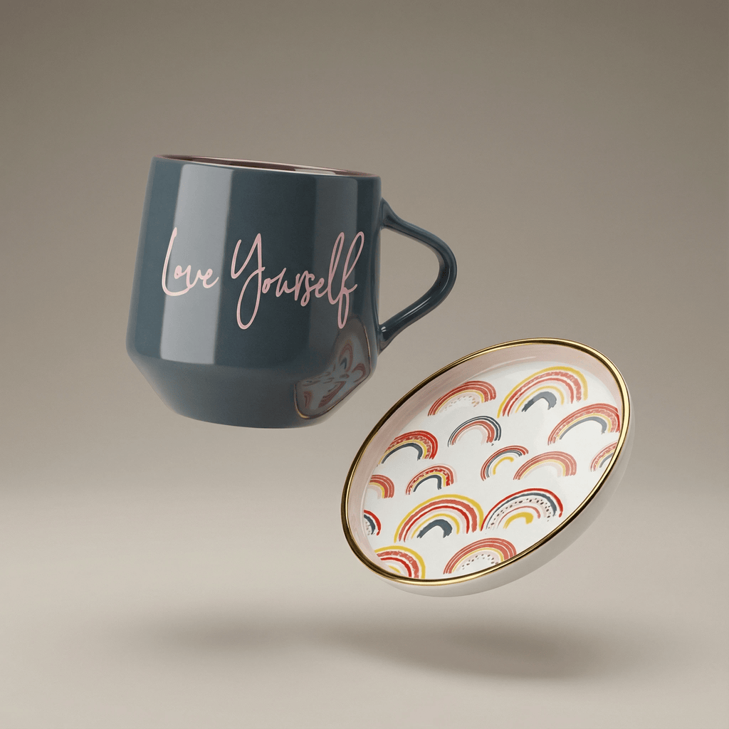 Love Yourself Mug & Coaster Lid with Rainbow Design by The Bullish Store