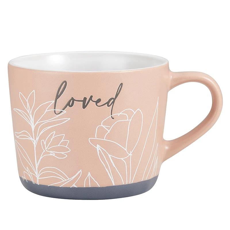 Loved Stoneware Hand Painted Cozy Mug in Peach | Coffee Tea Floral Design Cup | 15oz by The Bullish Store