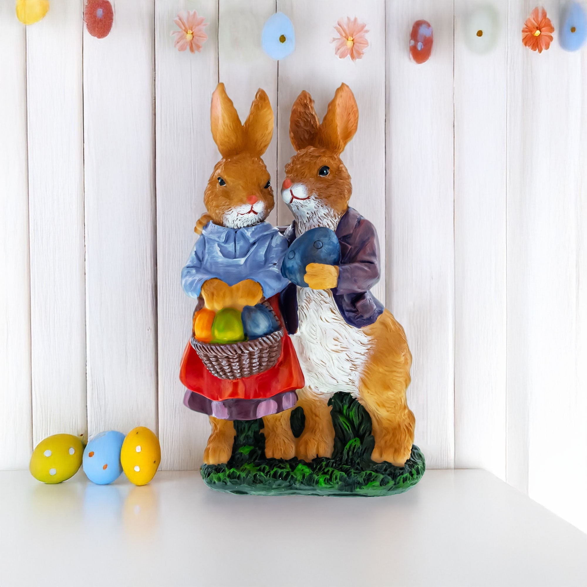 Loving Easter Bunny Pair Figurine With Festive Basket 6.2 Inches Tall Easter > Figurines > Bunnies La Vie Bien Loving Easter Bunny Pair Figurine With Festive Basket 6.2 Inches Tall