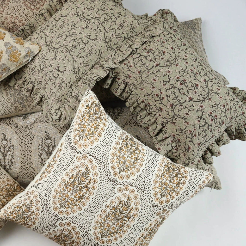 Inaya Linen Floral Throw Pillow Cover, Beachwood Ruffled by White Cliff Studio
