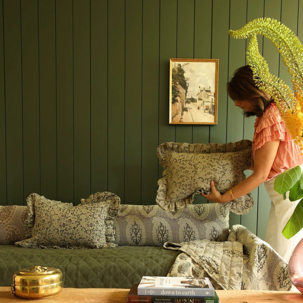 Inaya Linen Floral Throw Pillow Cover, Beachwood Ruffled by White Cliff Studio
