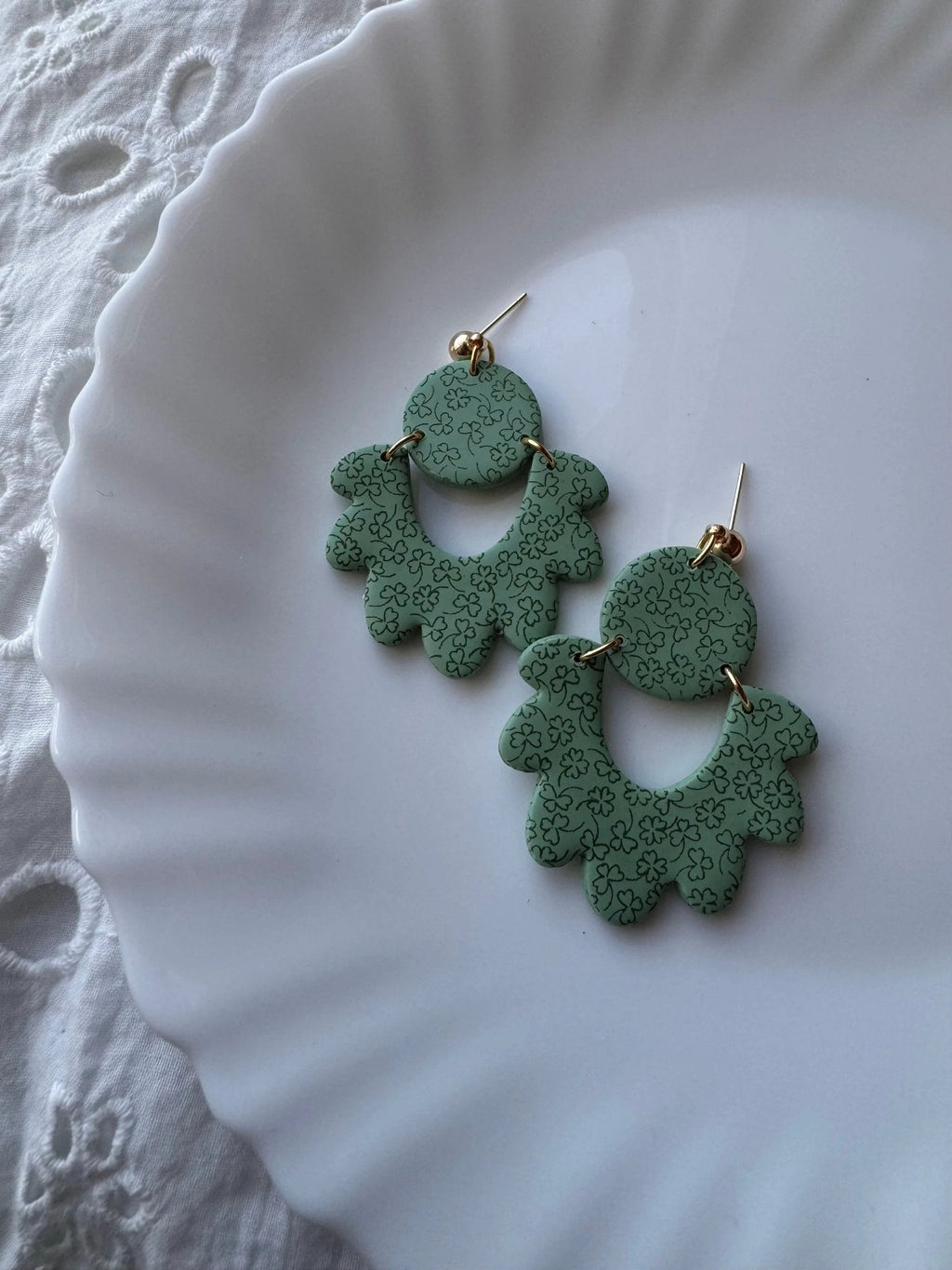 Lucky Taylor green earrings, 14k gold plated, handmade with polymer clay, Nickel free