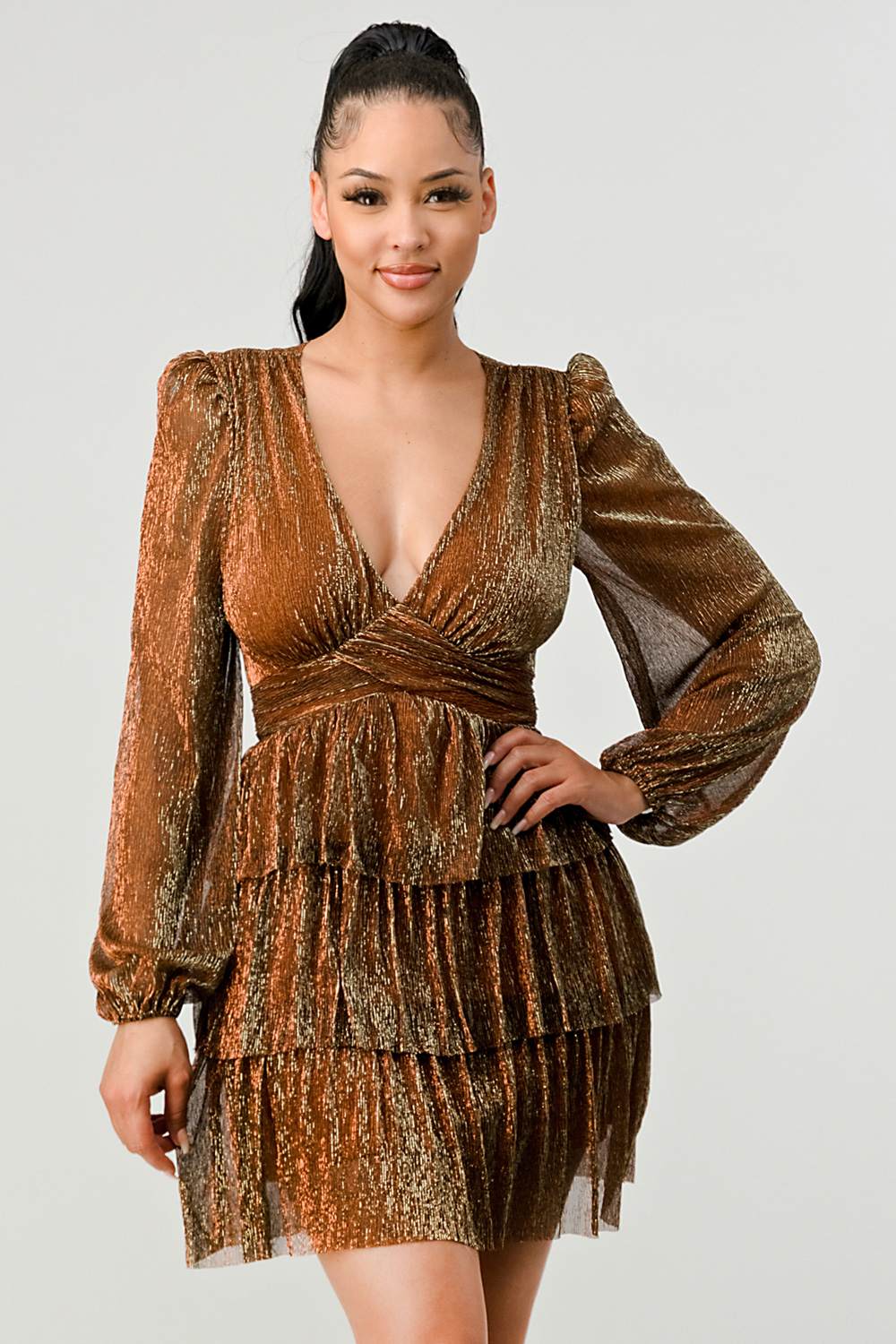 LUX FANTASY GLITTER DEEP V - NECK TIERED PEASANT SLEEVES FIT AND FLARE RUFFLED MINI DRESS Dress La Vie Bien LUX FANTASY GLITTER DEEP V - NECK TIERED PEASANT SLEEVES FIT AND FLARE RUFFLED MINI DRESS