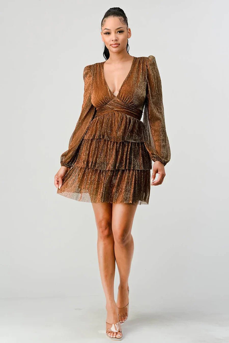 LUX FANTASY GLITTER DEEP V - NECK TIERED PEASANT SLEEVES FIT AND FLARE RUFFLED MINI DRESS Dress La Vie Bien LUX FANTASY GLITTER DEEP V - NECK TIERED PEASANT SLEEVES FIT AND FLARE RUFFLED MINI DRESS