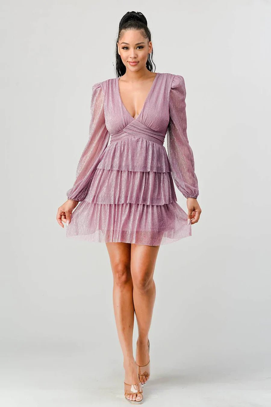 LUX FANTASY GLITTER DEEP V - NECK TIERED PEASANT SLEEVES FIT AND FLARE RUFFLED MINI DRESS Dress La Vie Bien LUX FANTASY GLITTER DEEP V - NECK TIERED PEASANT SLEEVES FIT AND FLARE RUFFLED MINI DRESS