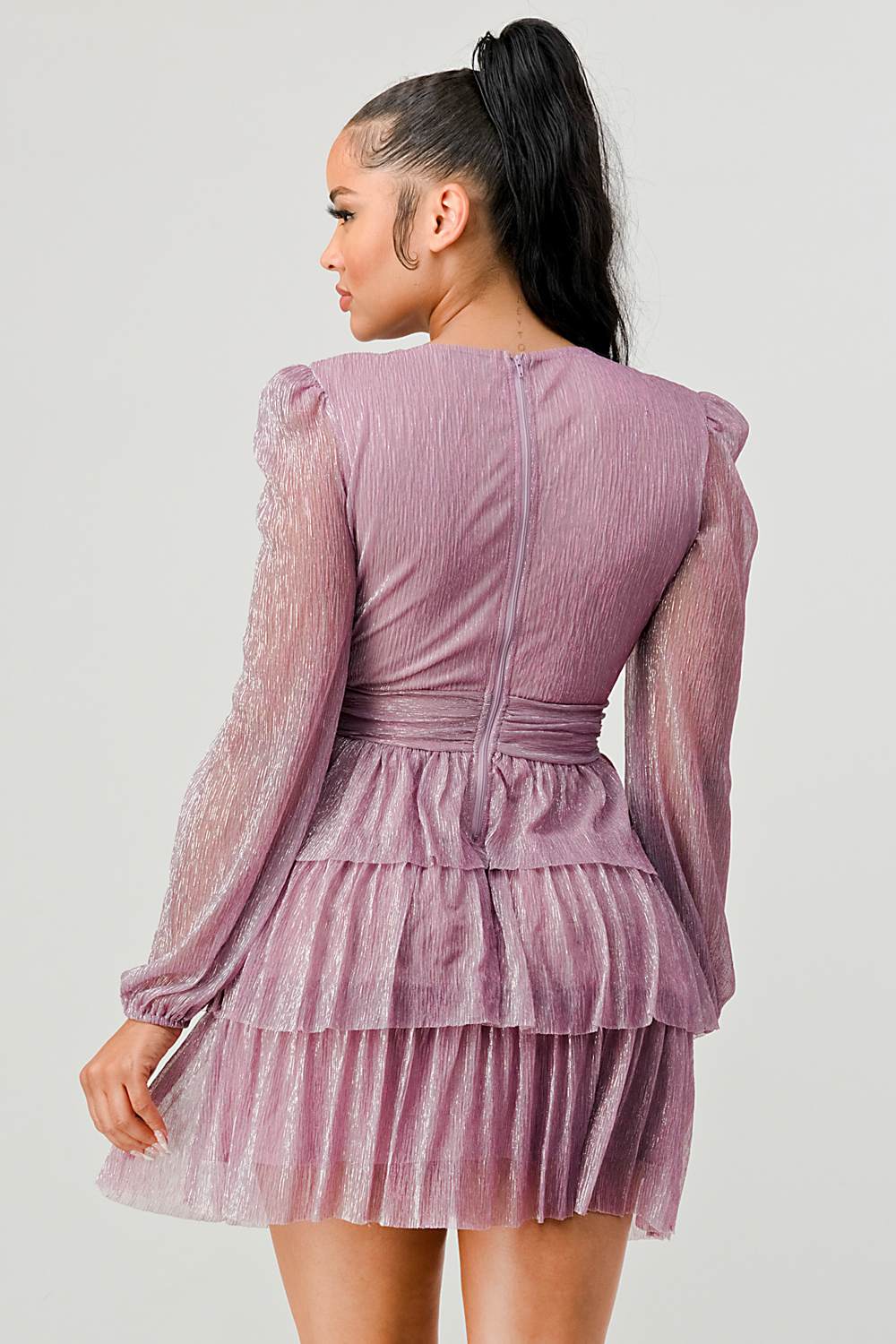 LUX FANTASY GLITTER DEEP V - NECK TIERED PEASANT SLEEVES FIT AND FLARE RUFFLED MINI DRESS Dress La Vie Bien LUX FANTASY GLITTER DEEP V - NECK TIERED PEASANT SLEEVES FIT AND FLARE RUFFLED MINI DRESS