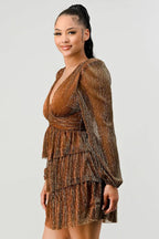 LUX FANTASY GLITTER DEEP V - NECK TIERED PEASANT SLEEVES FIT AND FLARE RUFFLED MINI DRESS Dress La Vie Bien LUX FANTASY GLITTER DEEP V - NECK TIERED PEASANT SLEEVES FIT AND FLARE RUFFLED MINI DRESS