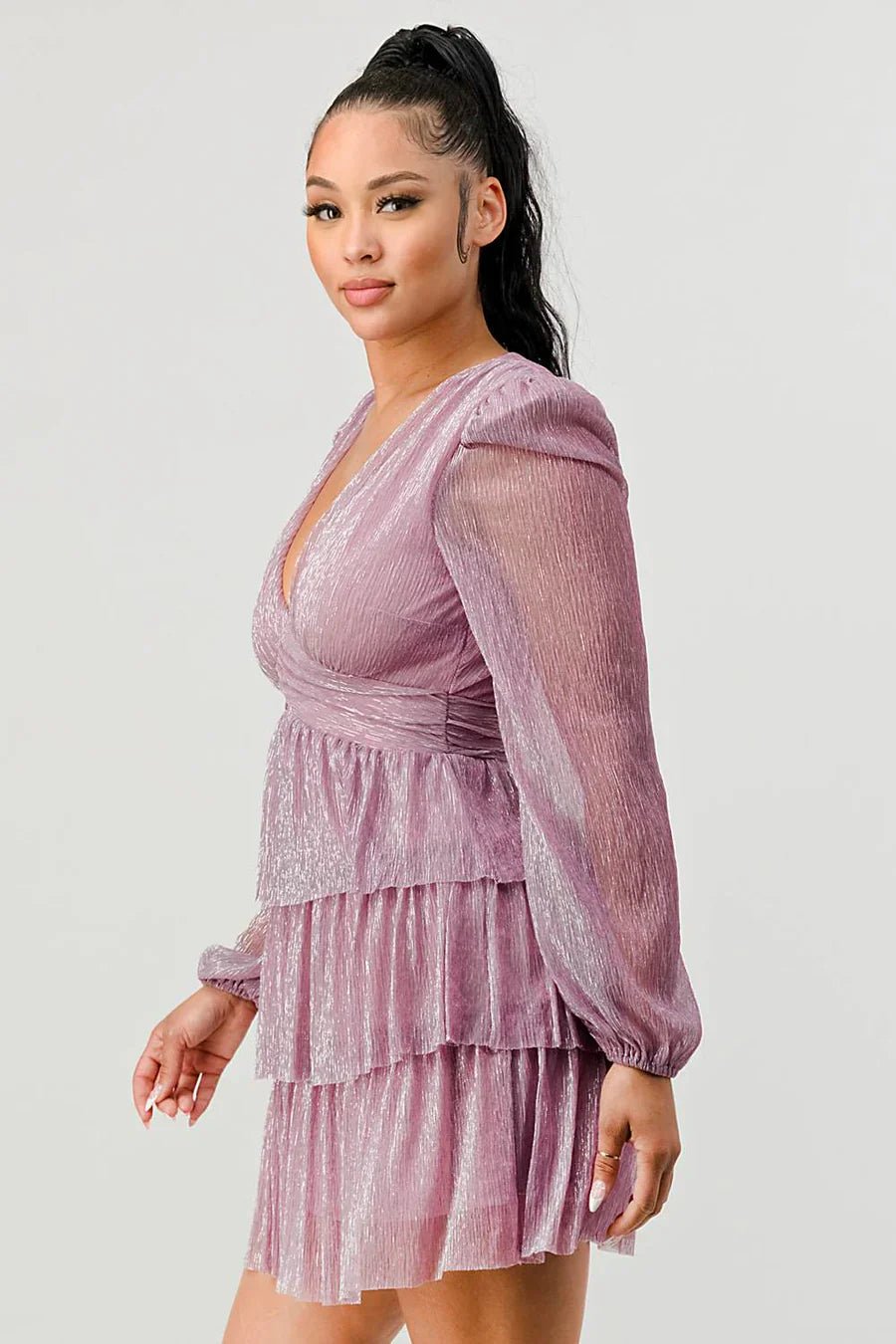 LUX FANTASY GLITTER DEEP V - NECK TIERED PEASANT SLEEVES FIT AND FLARE RUFFLED MINI DRESS Dress La Vie Bien LUX FANTASY GLITTER DEEP V - NECK TIERED PEASANT SLEEVES FIT AND FLARE RUFFLED MINI DRESS