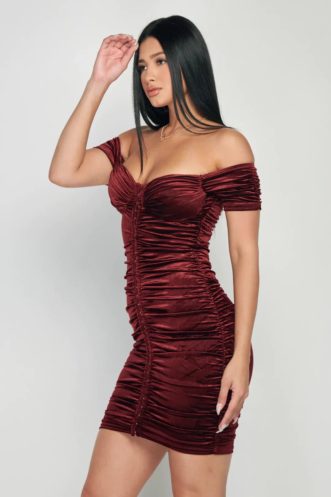 LUX SHINY VELVET OFF SHOULDER HOOKED RUCHED BODYCON MINI DRESS Dress La Vie Bien LUX SHINY VELVET OFF SHOULDER HOOKED RUCHED BODYCON MINI DRESS