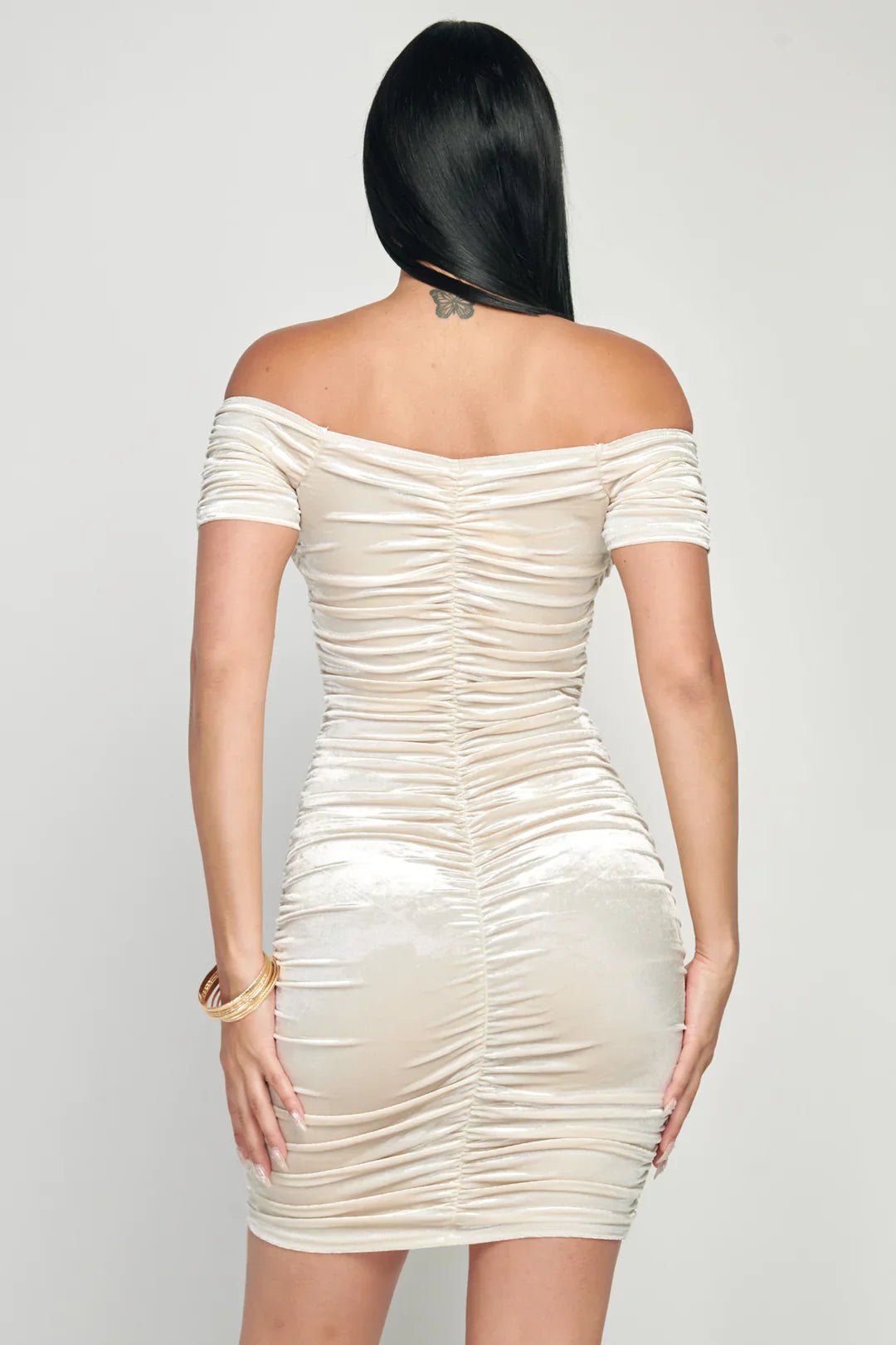 LUX SHINY VELVET OFF SHOULDER HOOKED RUCHED BODYCON MINI DRESS Dress La Vie Bien LUX SHINY VELVET OFF SHOULDER HOOKED RUCHED BODYCON MINI DRESS