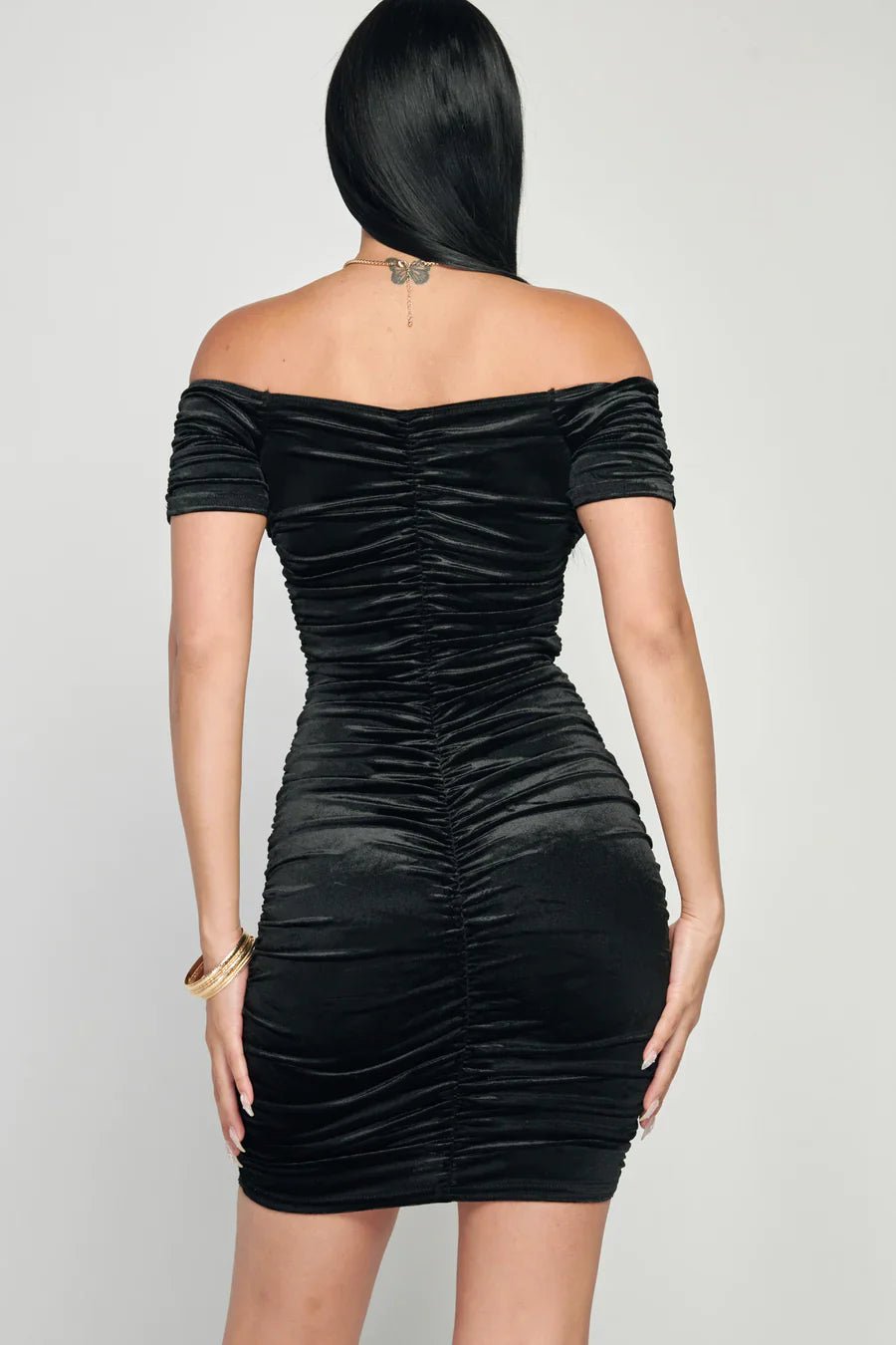 LUX SHINY VELVET OFF SHOULDER HOOKED RUCHED BODYCON MINI DRESS Dress La Vie Bien LUX SHINY VELVET OFF SHOULDER HOOKED RUCHED BODYCON MINI DRESS