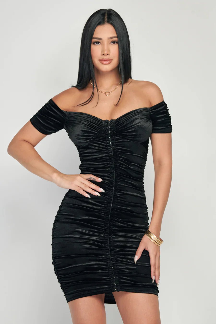 LUX SHINY VELVET OFF SHOULDER HOOKED RUCHED BODYCON MINI DRESS Dress La Vie Bien LUX SHINY VELVET OFF SHOULDER HOOKED RUCHED BODYCON MINI DRESS