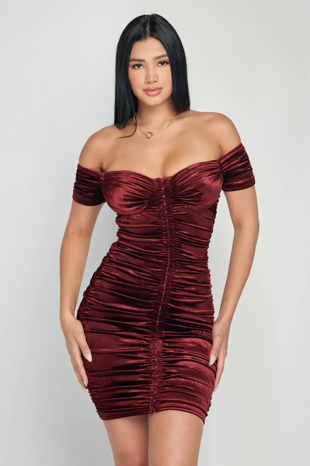 LUX SHINY VELVET OFF SHOULDER HOOKED RUCHED BODYCON MINI DRESS Dress La Vie Bien LUX SHINY VELVET OFF SHOULDER HOOKED RUCHED BODYCON MINI DRESS