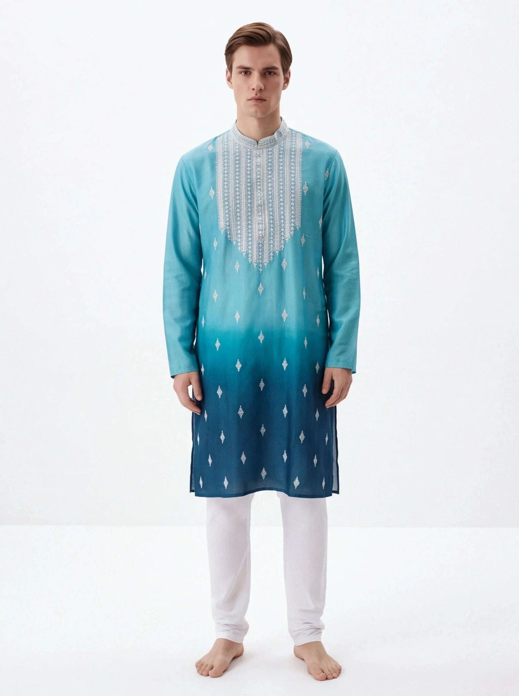 2074 - Blue silk kurta with white pajama