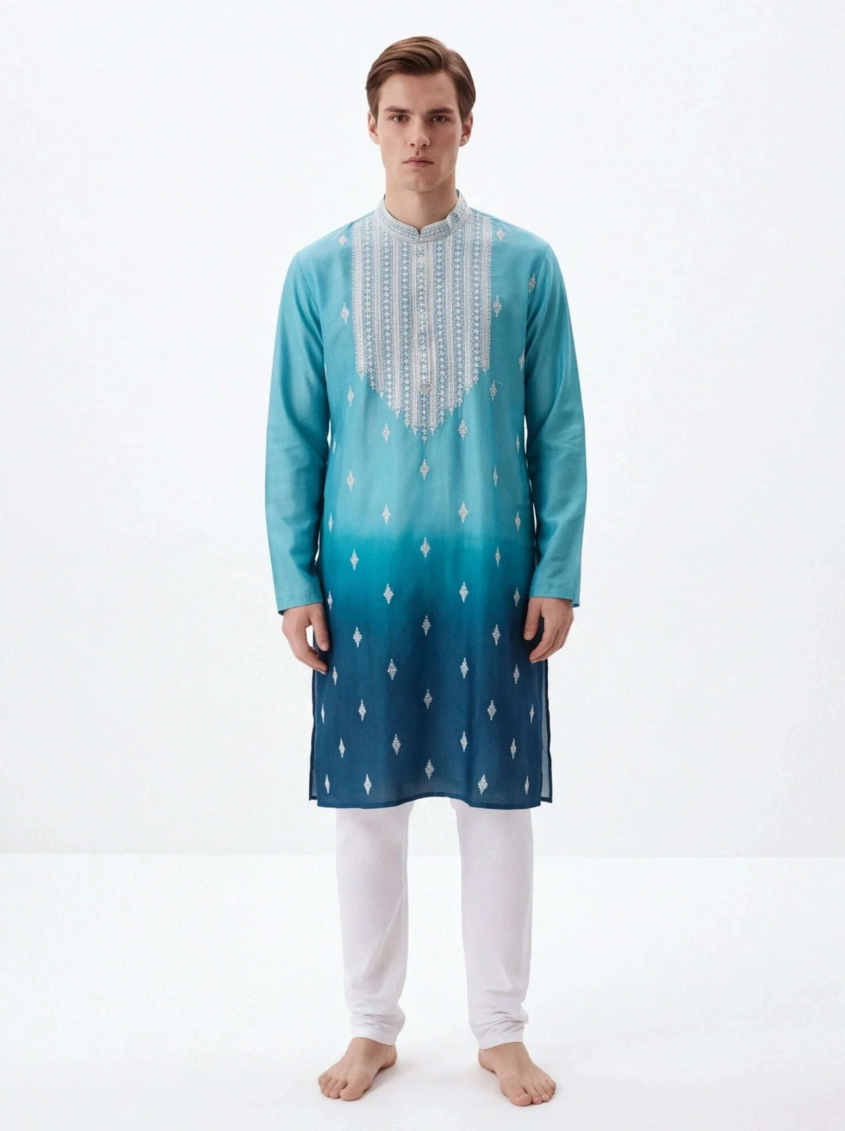 2074 - Blue silk kurta with white pajama