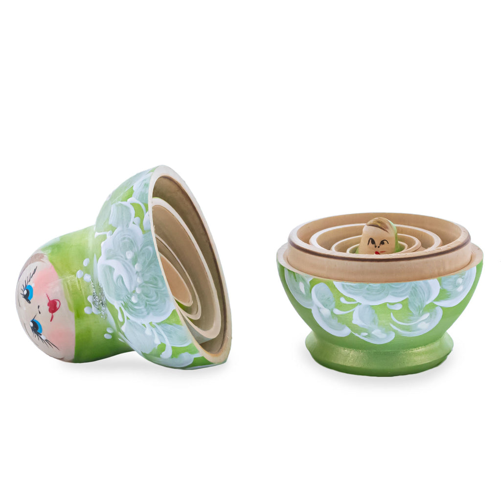 Green Color with White Flowers Wooden  Nesting Dolls